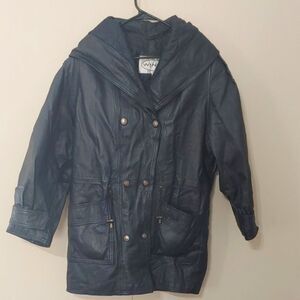 VTG Winlit Black Leather Jacket Unisex Hooded Trench Coat Size M